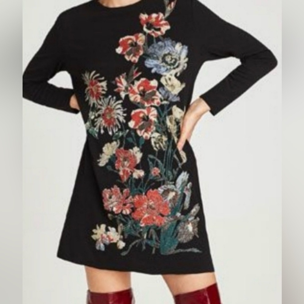 Zara szM black sparkling floral shift raw hem and cuffs